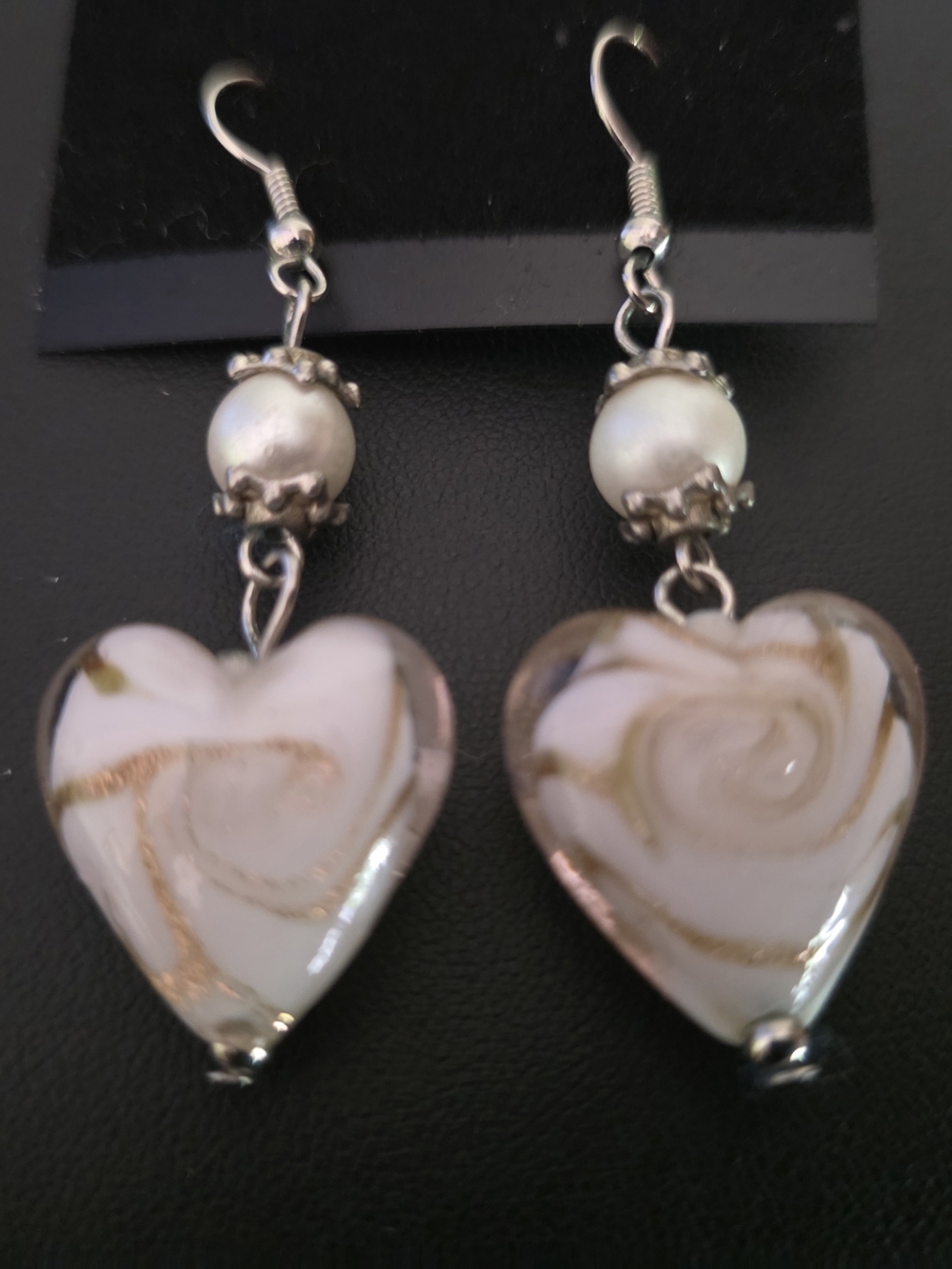 Pale Pink & Gold Heart Glass Drop Earrings